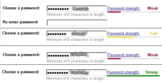 Screenshot of the password strength checker showing a strength meter and tips for a sample pattern
